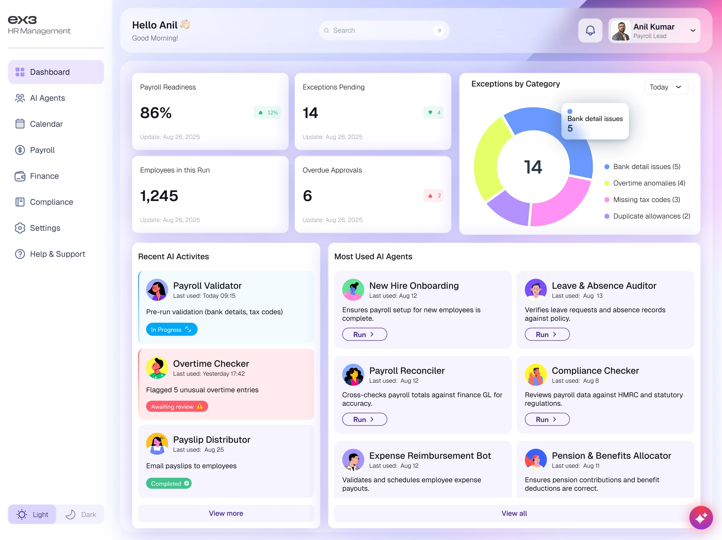 ex3 HR dashboard with payroll readiness and AI agents